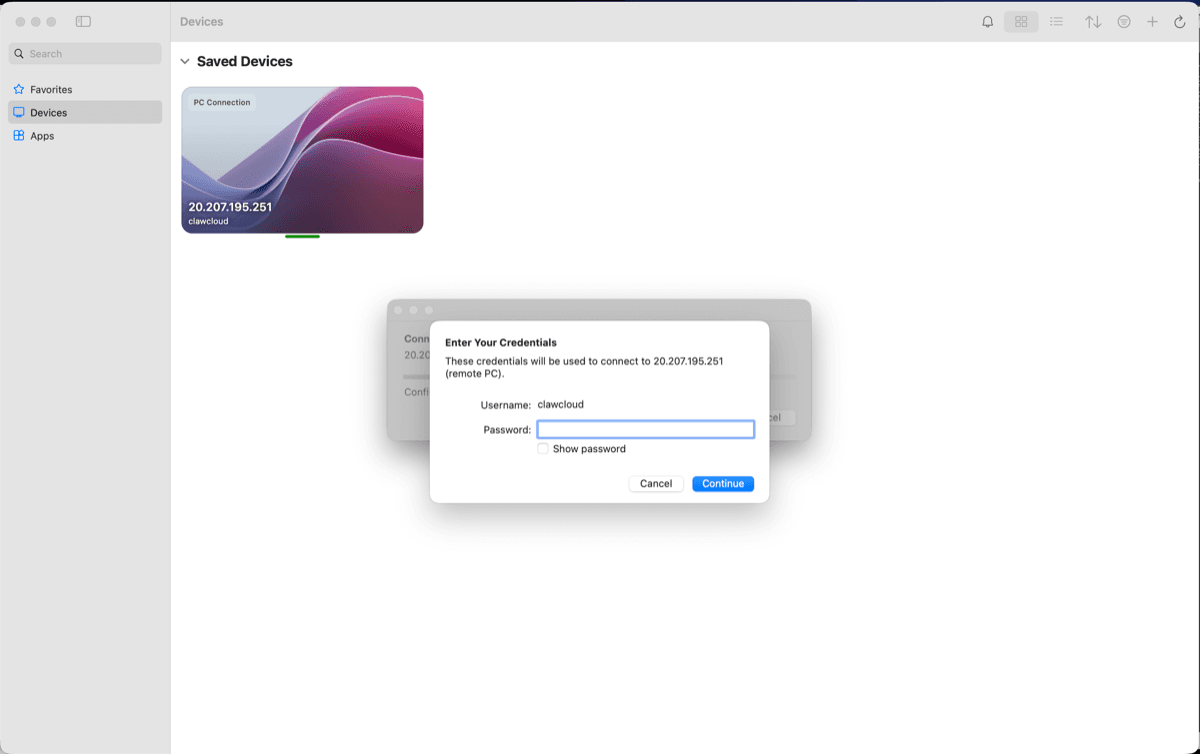 Screenshot of Microsoft Windows App on macOS with the OpenClaw server IP and credentials entered, showing the Connect button Microsoft Windows App on macOS ready to connect to an OpenClaw Windows server