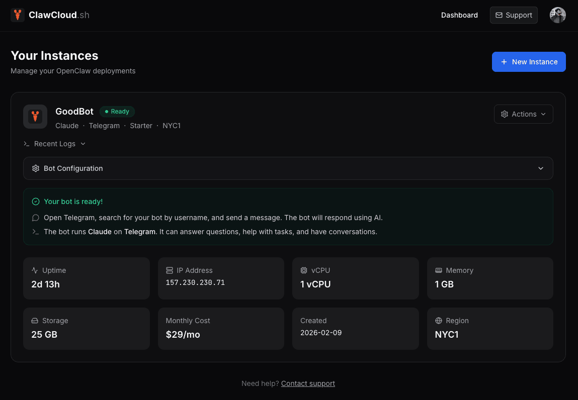 ClawCloud dashboard showing a ready OpenClaw server with IP address and instance details ClawCloud dashboard showing the server IP and ready status for an OpenClaw Linux server