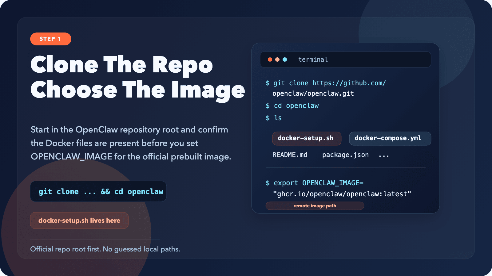 OpenClaw repository root with docker-setup.sh and docker-compose.yml visible OpenClaw repository root in a terminal with docker-setup.sh visible