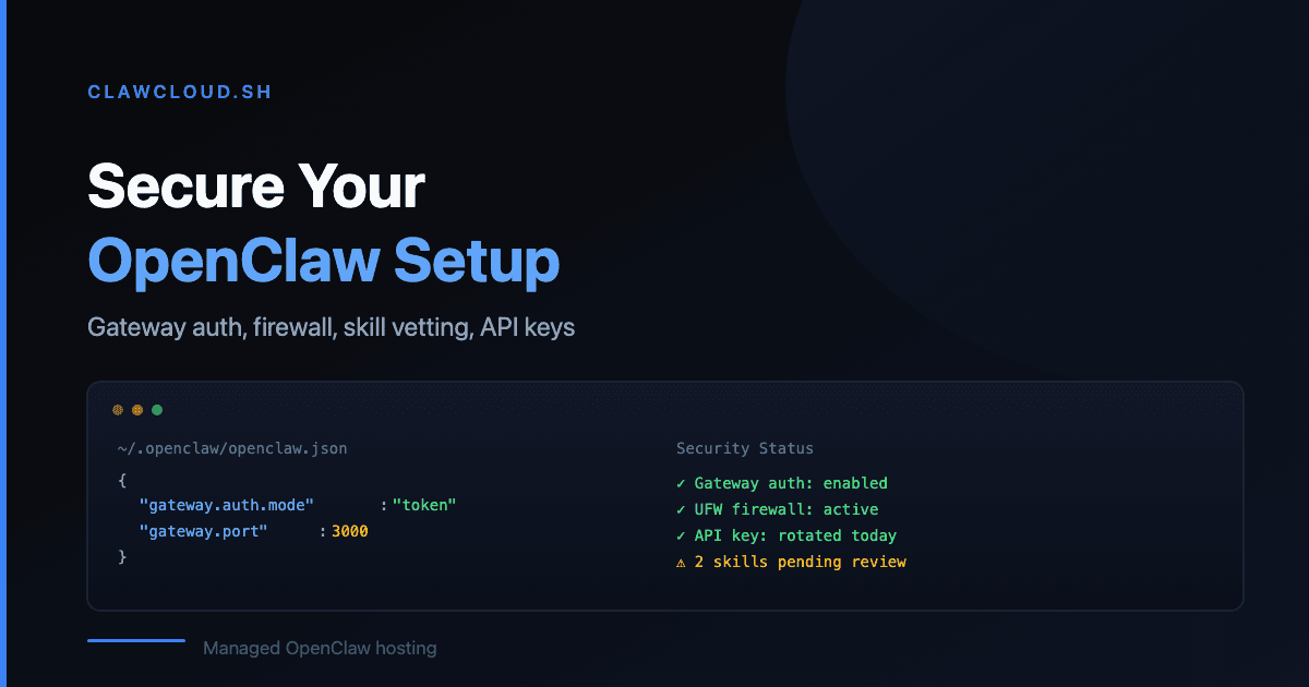Terminal showing OpenClaw security configuration with gateway auth mode, firewall rules, and API key status Security checklist for an OpenClaw deployment