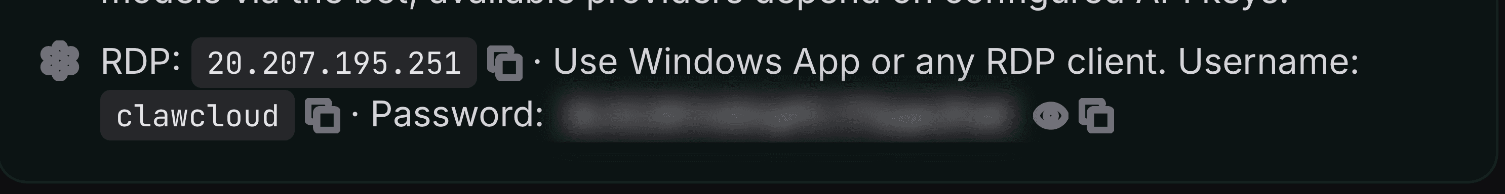 Close-up of the ClawCloud dashboard showing where to reveal or copy the RDP username and password for an OpenClaw Windows cloud server How to get the RDP username and password from the ClawCloud dashboard