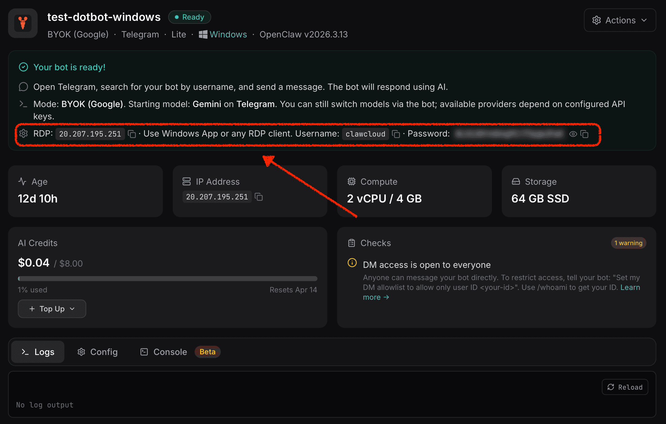 ClawCloud dashboard showing the OpenClaw Windows cloud server IP address, RDP username, and password OpenClaw Windows cloud server RDP details in the ClawCloud dashboard