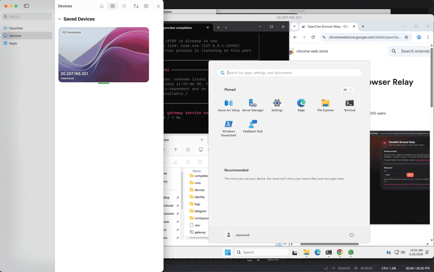 Microsoft Windows App connection screen configured for an OpenClaw Windows cloud server on ClawCloud Microsoft Windows App ready to connect to an OpenClaw Windows cloud server