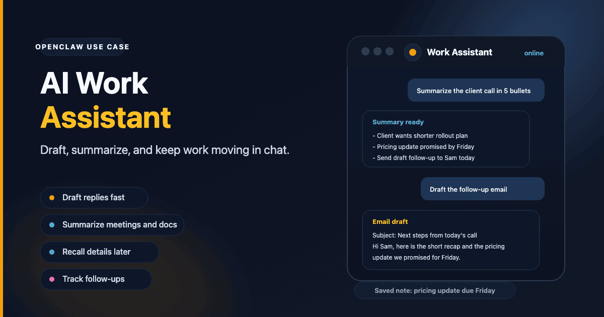 OpenClaw AI work assistant draft and summary workflow in Telegram OpenClaw AI work assistant handling summaries and follow-up drafts in Telegram