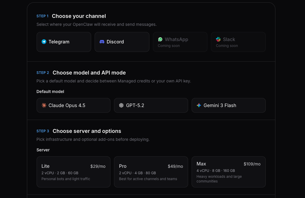 ClawCloud three-step deploy wizard with plan selection, bot token input, and model picker ClawCloud deploy wizard showing plan, channel, and model steps