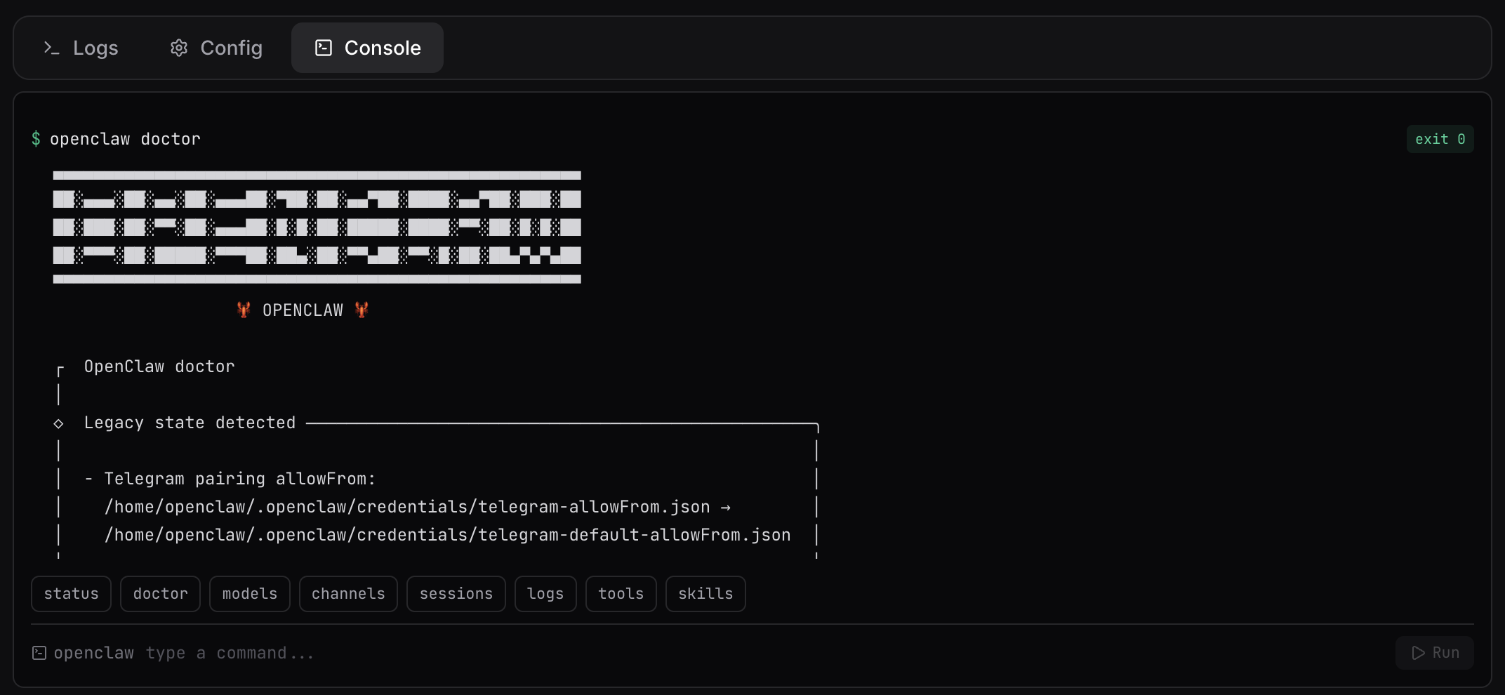 NEEDS_IMAGE: ClawCloud dashboard Console tab running openclaw doctor on a live instance ClawCloud dashboard Console tab showing openclaw doctor output with all checks passing