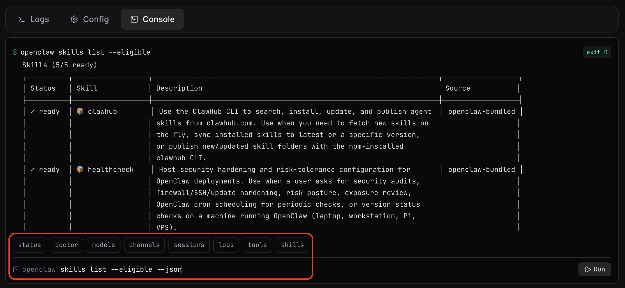 NEEDS_IMAGE: ClawCloud Console tab UI showing input field, quick-command buttons, and command output Console tab in the ClawCloud dashboard instance panel with quick-command buttons visible