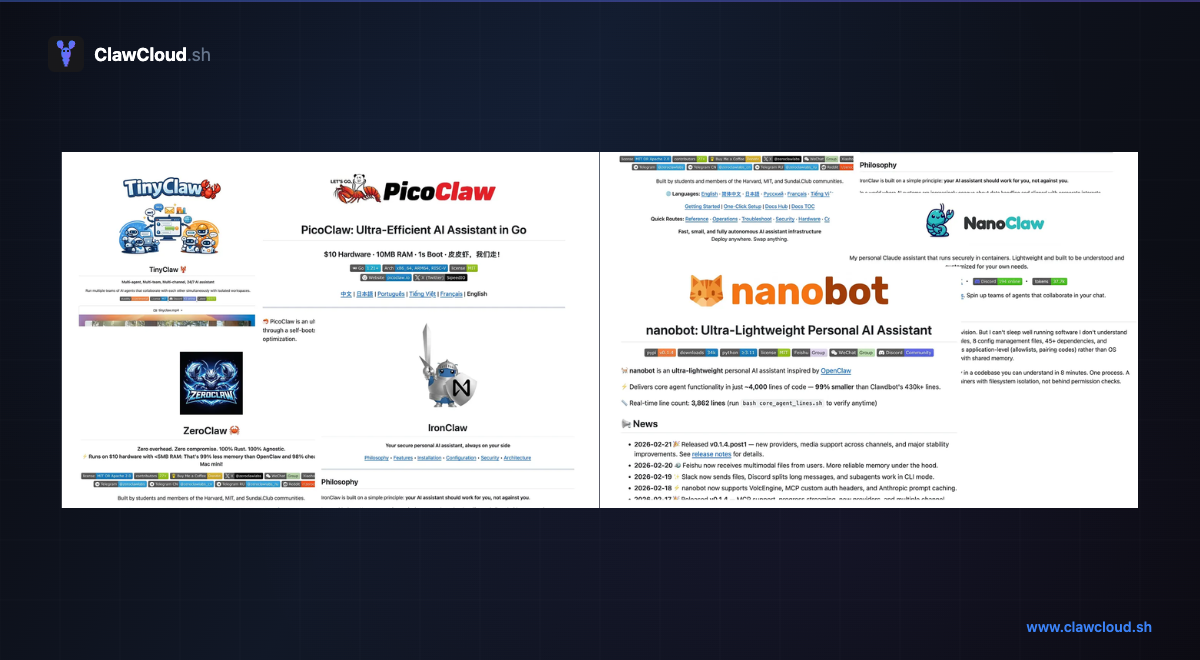 NEEDS_IMAGE: Three-column comparison table showing OpenClaw, NanoClaw, and IronClaw with key feature rows like language, channels, security model, and setup complexity Side-by-side comparison of OpenClaw, NanoClaw, and IronClaw features