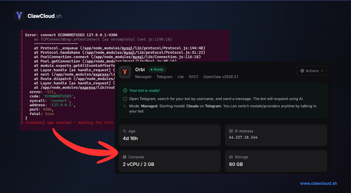 Terminal with Docker errors vs clean ClawCloud dashboard