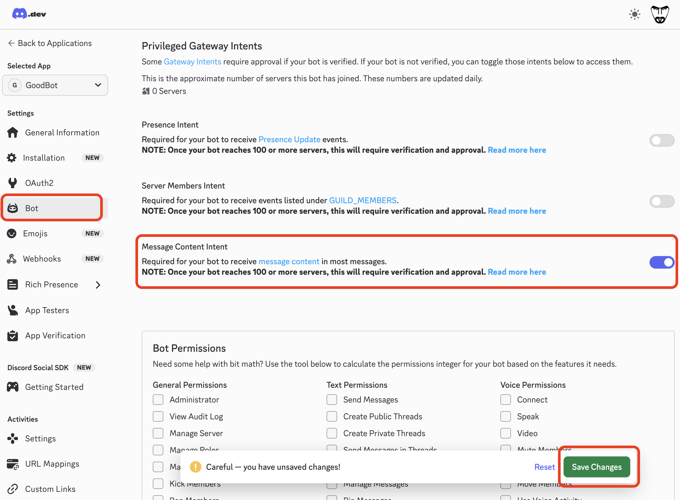 Enabling Message Content Intent in Discord bot Privileged Gateway Intents Discord Bot settings with Message Content Intent toggle enabled