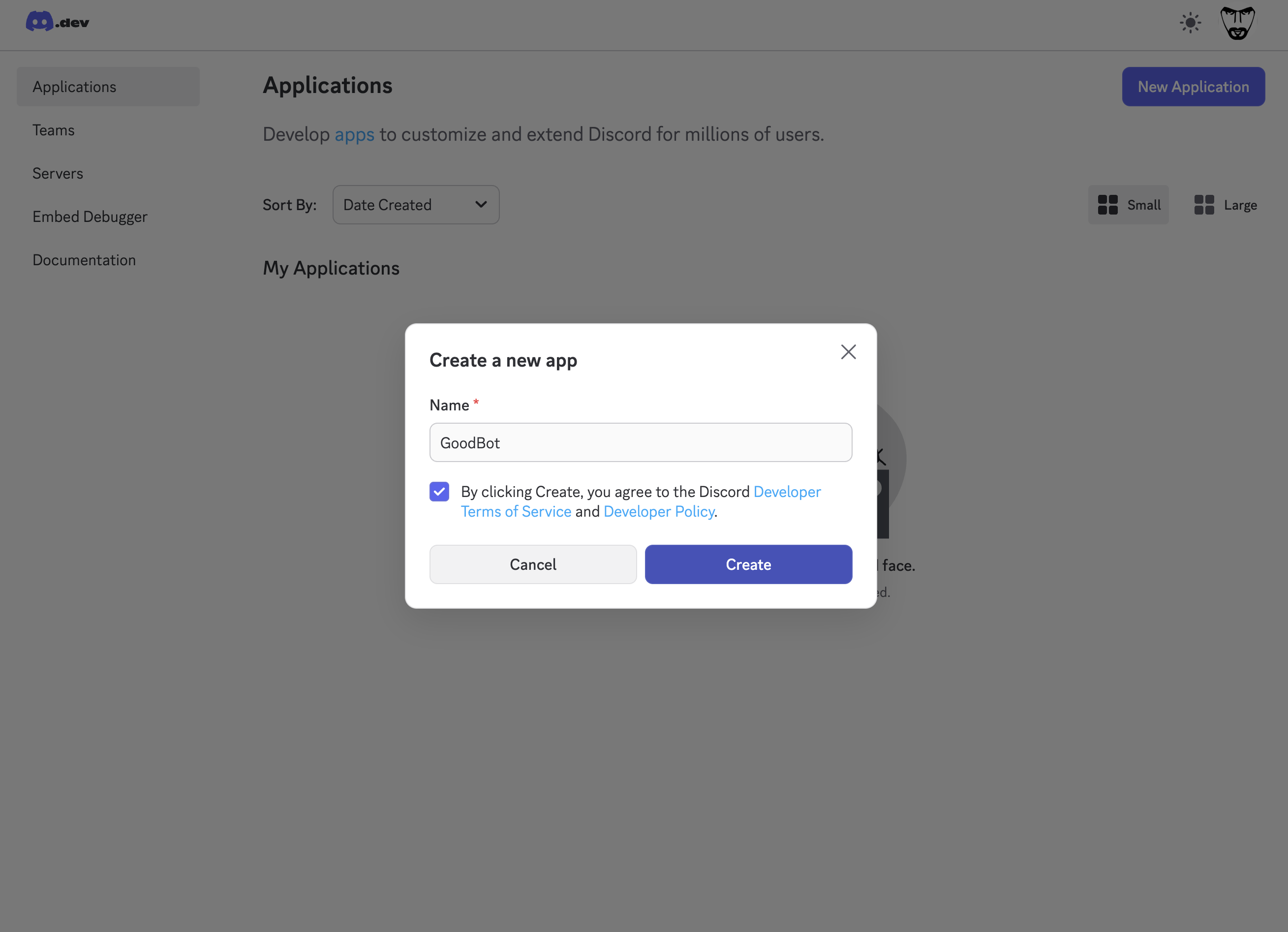 Creating a new application in the Discord Developer Portal Discord Developer Portal with New Application button and name dialog