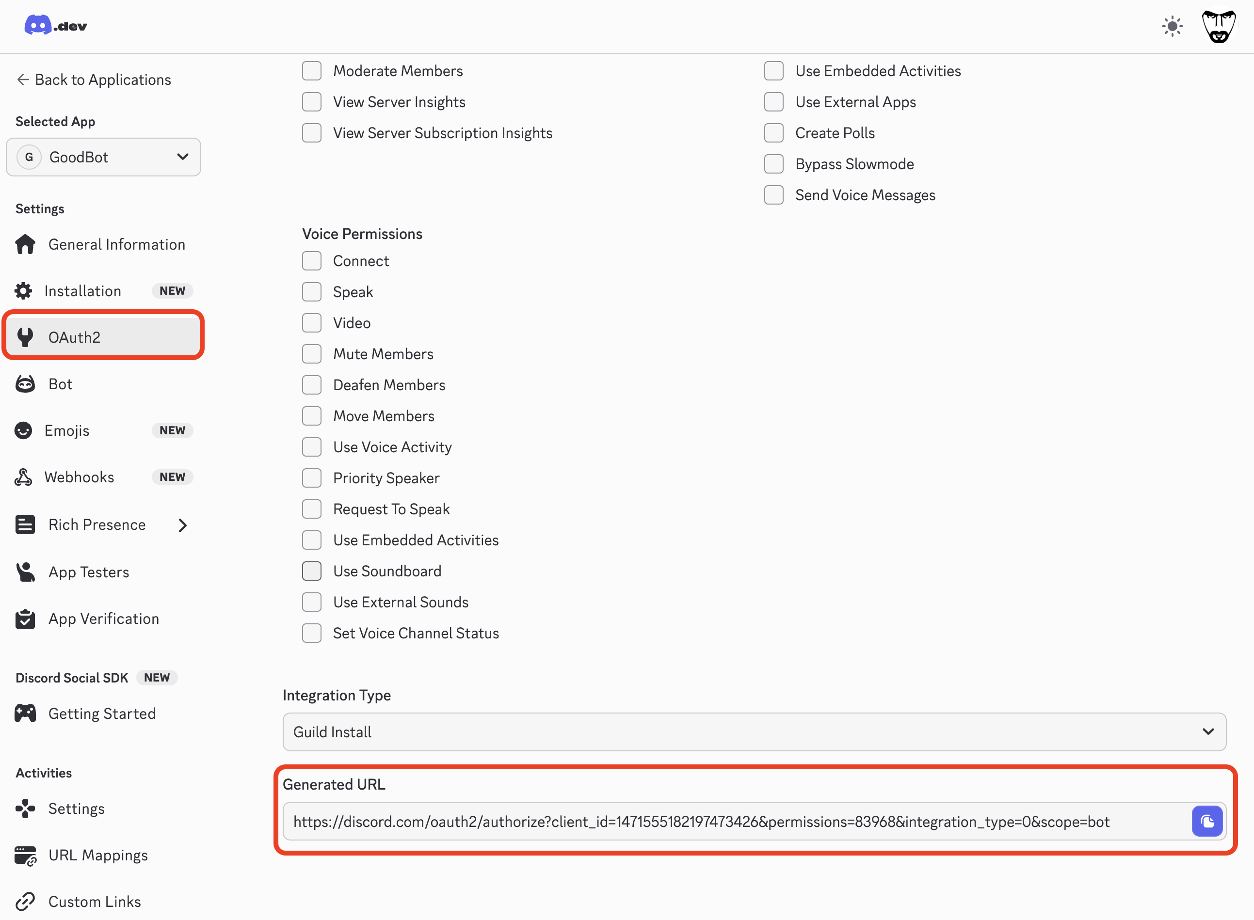 Generated Discord bot invite URL with copy button Discord OAuth2 URL Generator showing generated invite URL with copy button