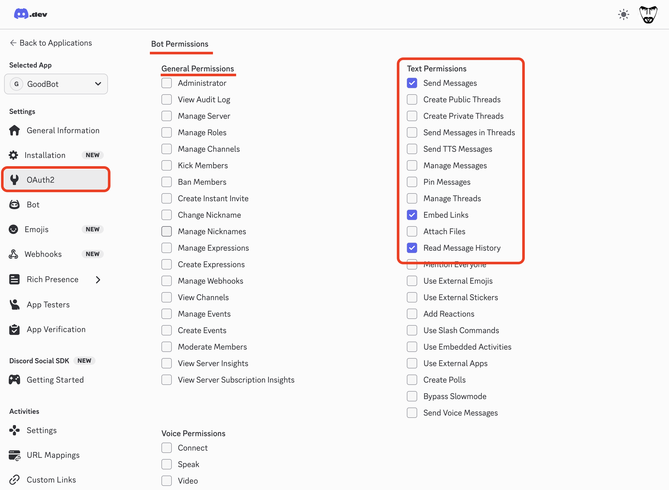 Discord OAuth2 URL Generator with bot scope and message permissions for server invite Discord OAuth2 URL Generator with bot scope and message permissions selected