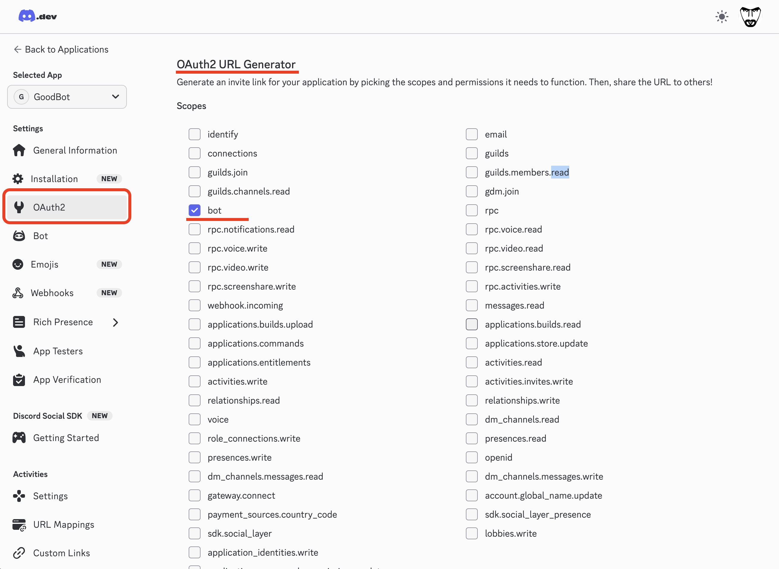 Discord OAuth2 URL Generator with bot scope for server invite Discord OAuth2 URL Generator with bot scope selected