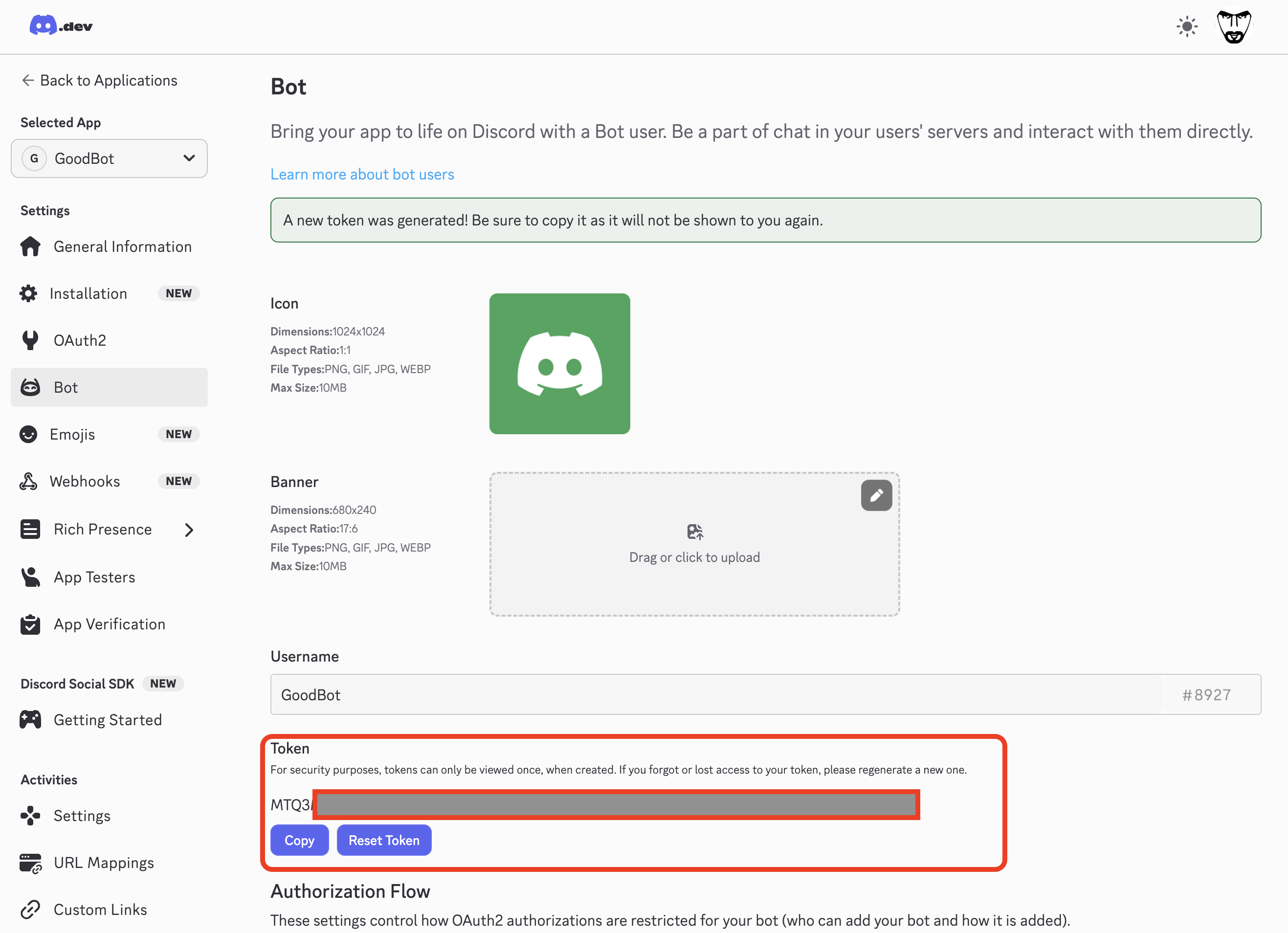 Discord bot token generation — revealed token example Discord Developer Portal Bot page with revealed token