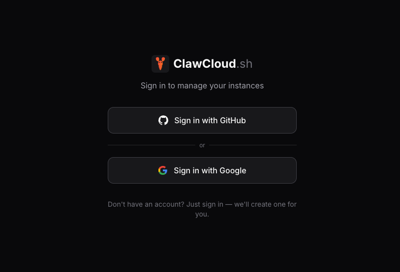 ClawCloud sign-in page with GitHub and Google OAuth options ClawCloud login page with GitHub and Google sign-in buttons