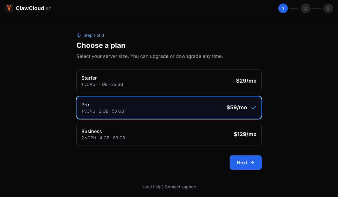 ClawCloud plan selection — Lite, Pro, and Max pricing cards ClawCloud deploy wizard plan selection showing Lite, Pro, and Max cards