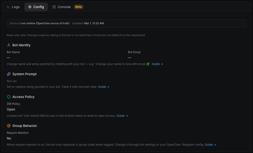 ClawCloud dashboard Config tab with live read-only config values for channel, model, and DM policy OpenClaw dashboard Config tab showing a live read-only view of the bot's configuration