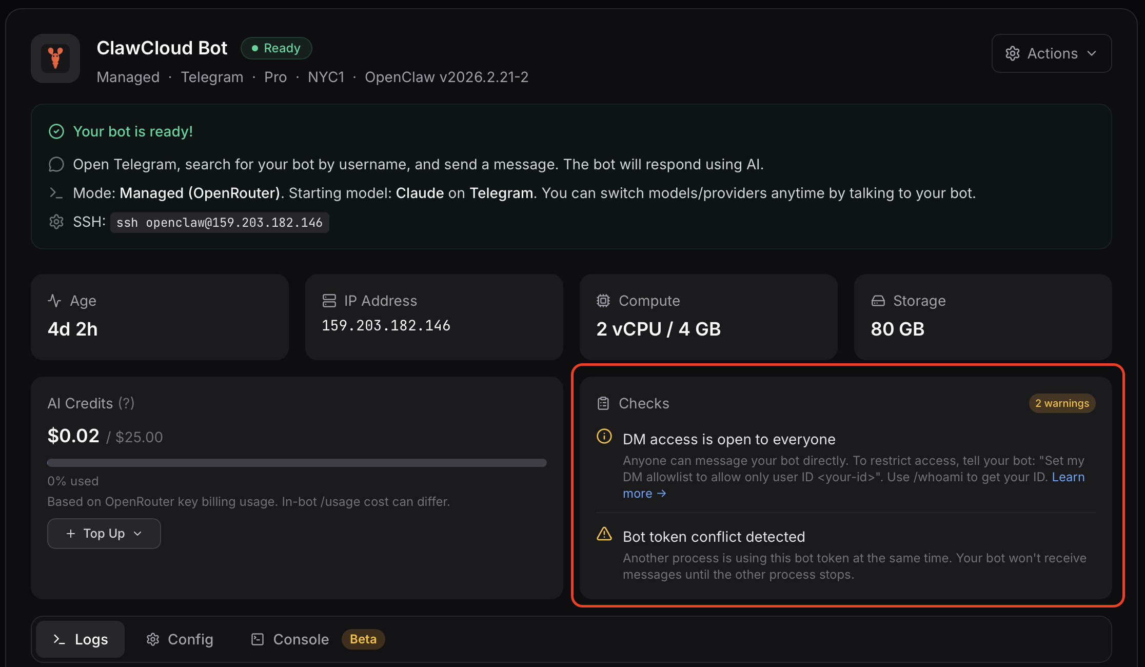 ClawCloud dashboard instance panel with a yellow channel conflict warning notice visible above the config section ClawCloud dashboard instance panel showing a yellow warning notice for channel conflict