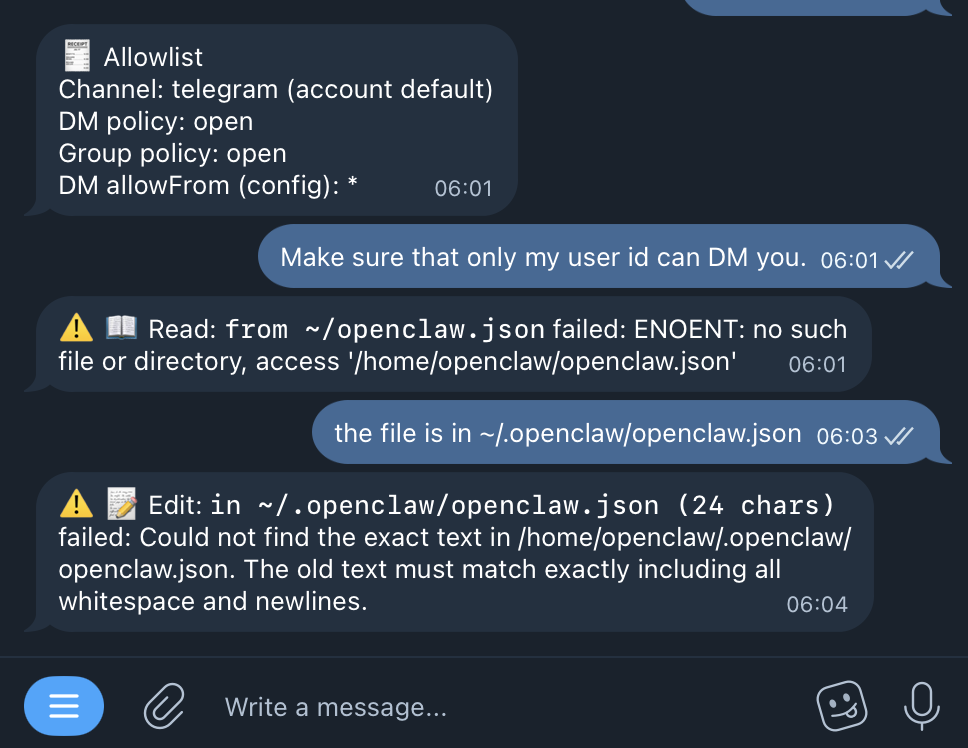 Screenshot of an OpenClaw Telegram conversation where gpt-oss-120b:free first reads from ~/openclaw.json (ENOENT error), then after the user corrects the path to ~/.openclaw/openclaw.json it fails the edit because it guessed the file content instead of reading it first OpenClaw Telegram chat showing a free model guessing the wrong config path then failing to edit the file