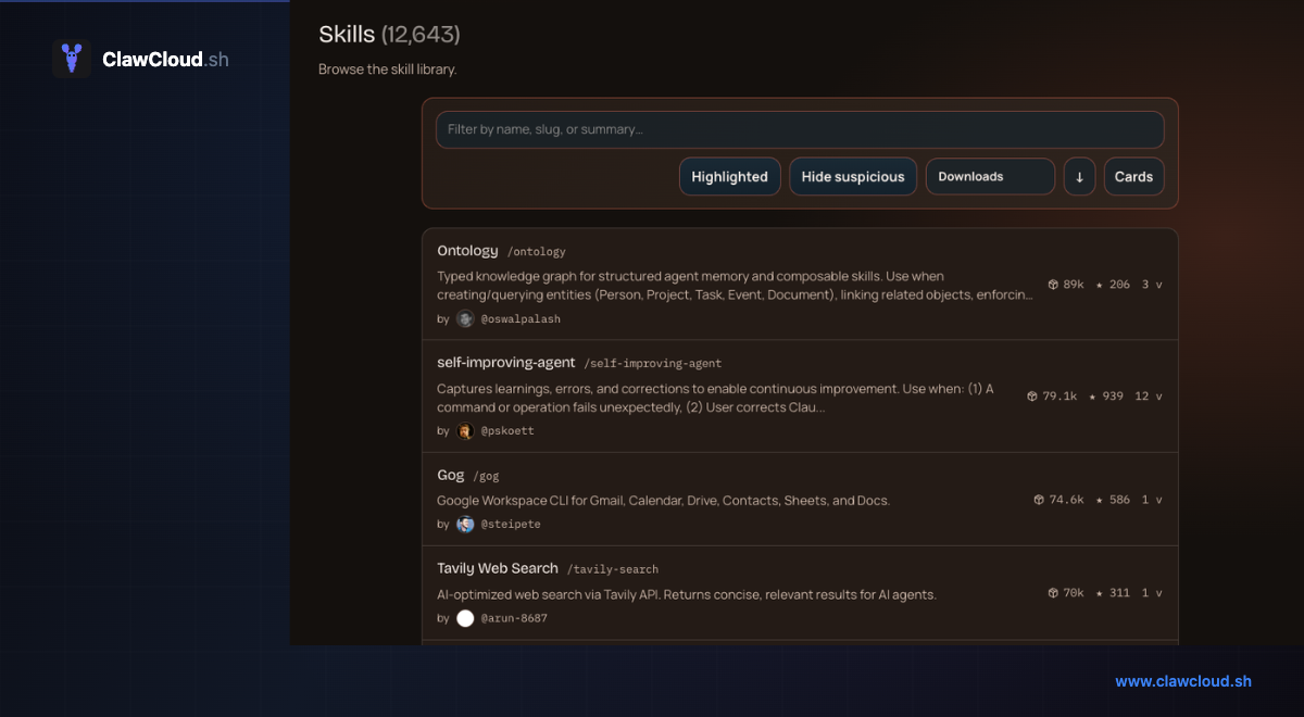 ClawHub.ai browsing page with skill cards, install commands, and category filters ClawHub skill registry showing available OpenClaw skills