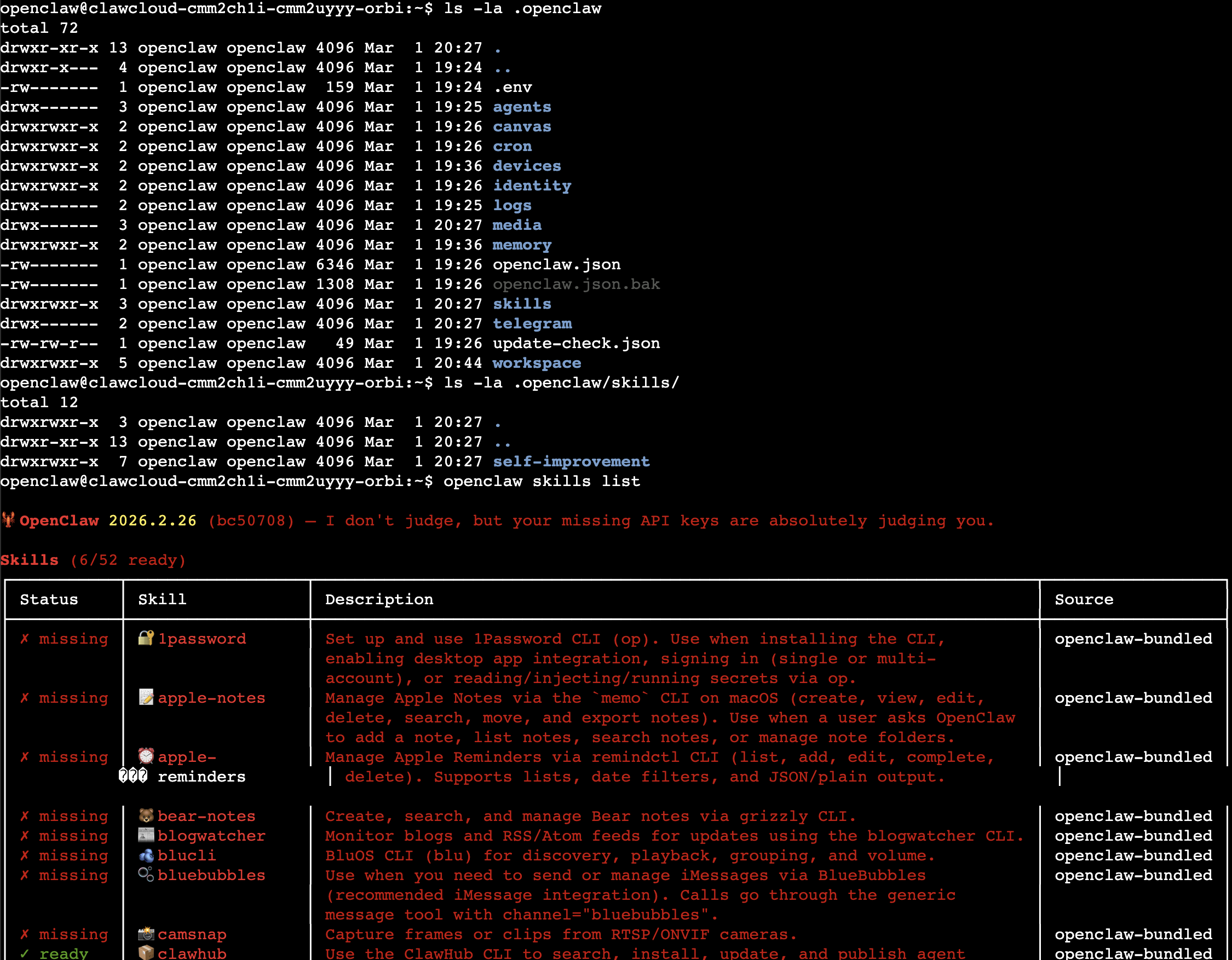Terminal showing the ~/.openclaw/workspace/skills/ directory with installed skill folders ~/.openclaw/workspace/skills/ directory after installing skills via ClawHub