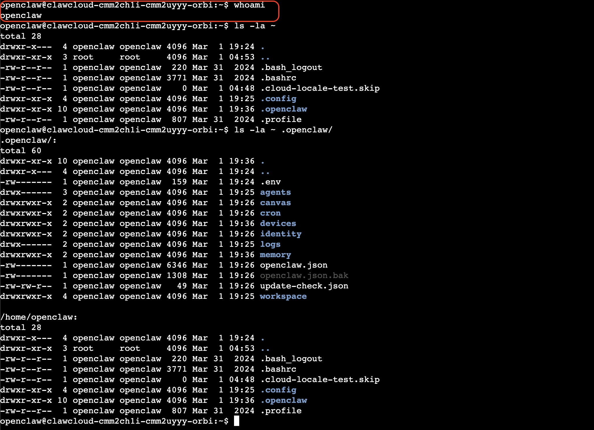 Terminal showing ssh openclaw@ip-address followed by openclaw CLI prompt on a ClawCloud VPS Terminal window with an active SSH session to an OpenClaw server