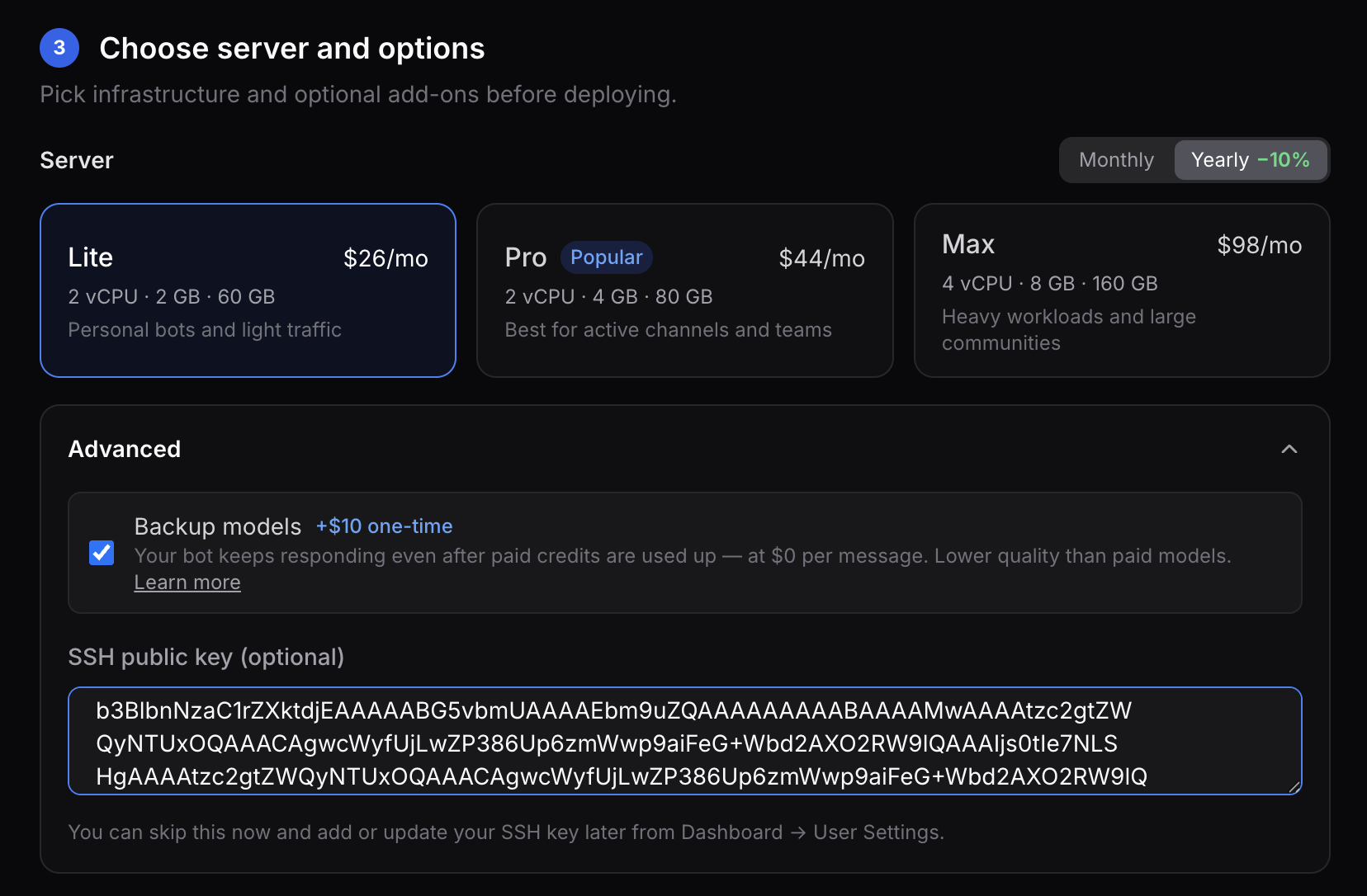 Deploy wizard Step 3 with Advanced expanded, showing the SSH public key textarea SSH key field in the ClawCloud deploy wizard Advanced section